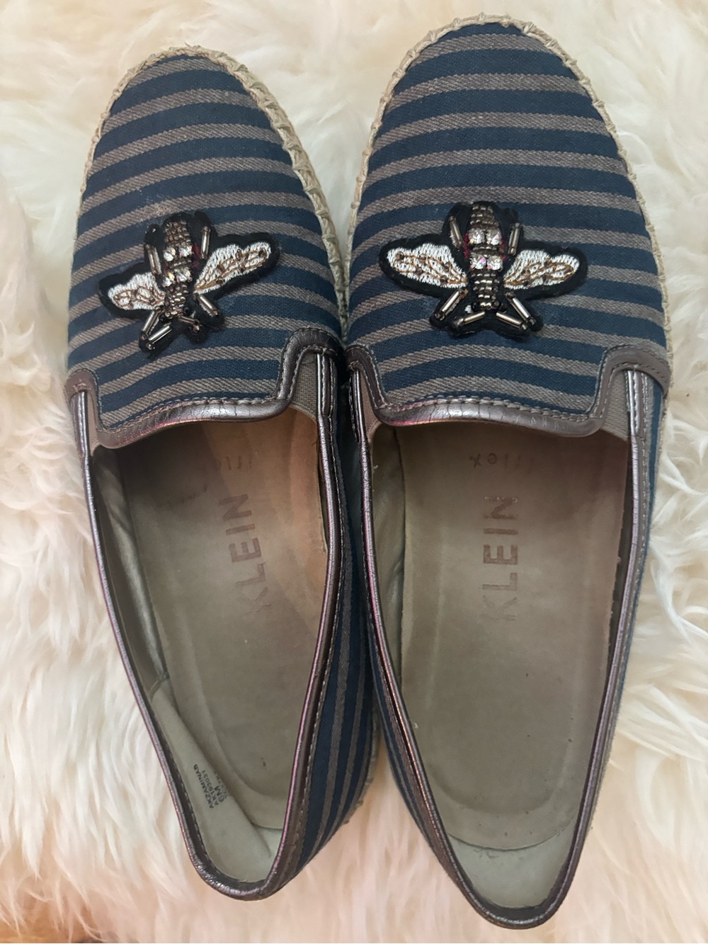 Women's Anne Klein Navy Stripe Slip-On Espadrilles with Bee Embellishment